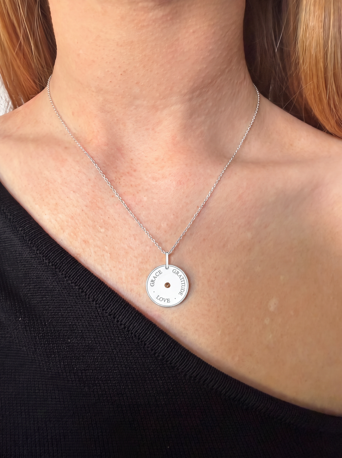 Grace · Love · Gratitude Meaning Pendant worn at the neckline