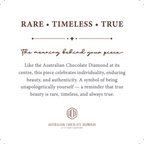 The RARE • TIMELESS • TRUE Meaning Card, printed with the meaning behind the piece