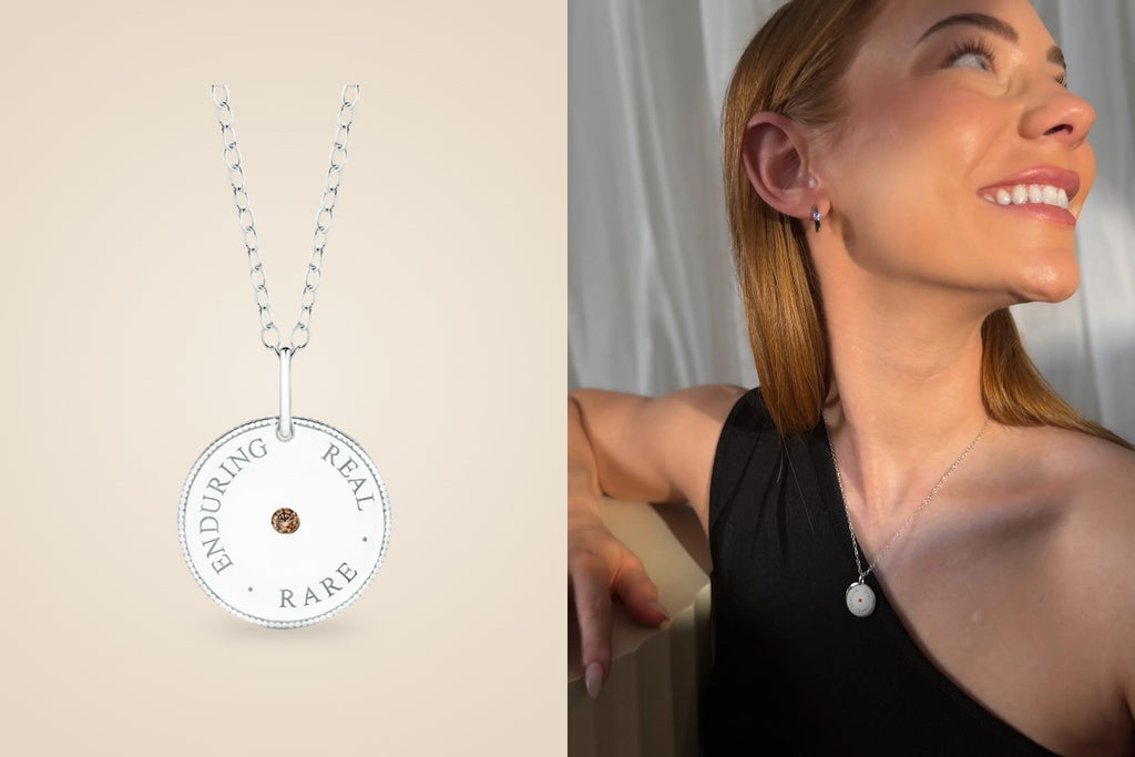 Enduring Real Rare Meaning Pendant – silver pendant and worn by model