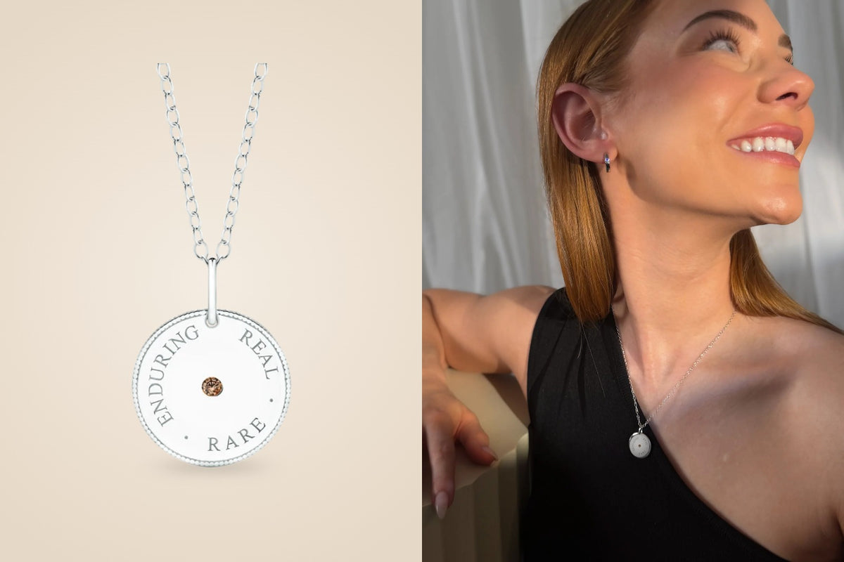 Enduring Real Rare Meaning Pendant – silver pendant and worn by model