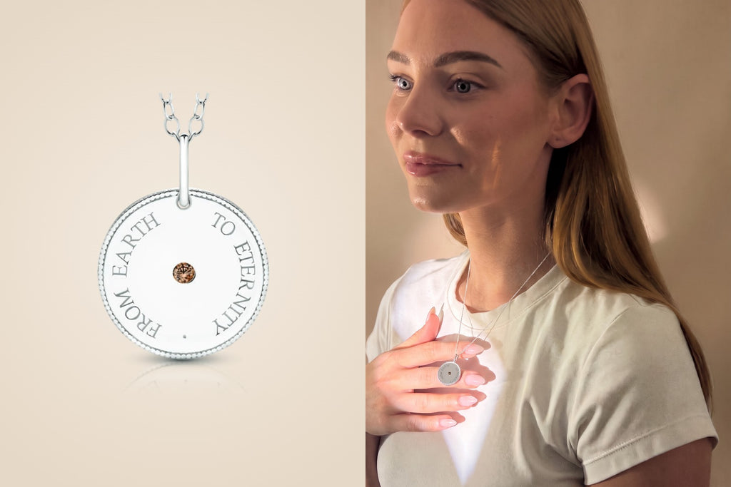 From Earth to Eternity Meaning Pendant – silver pendant and worn by model