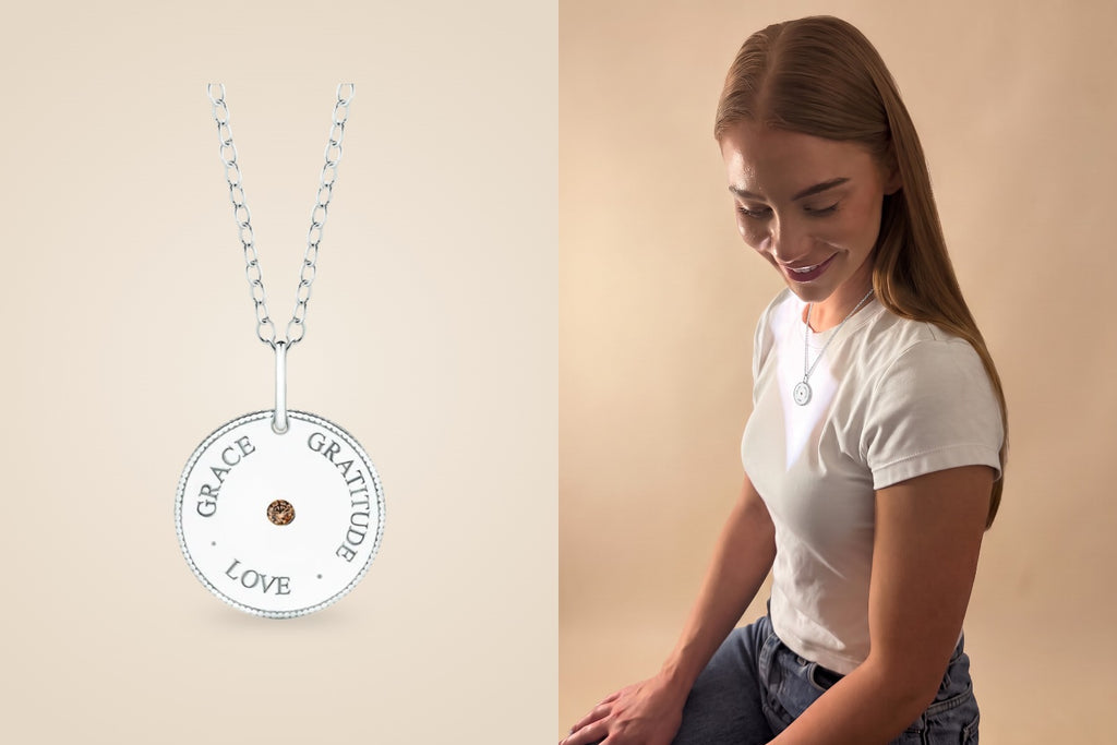 Grace Love Gratitude Meaning Pendant – silver pendant and worn by model