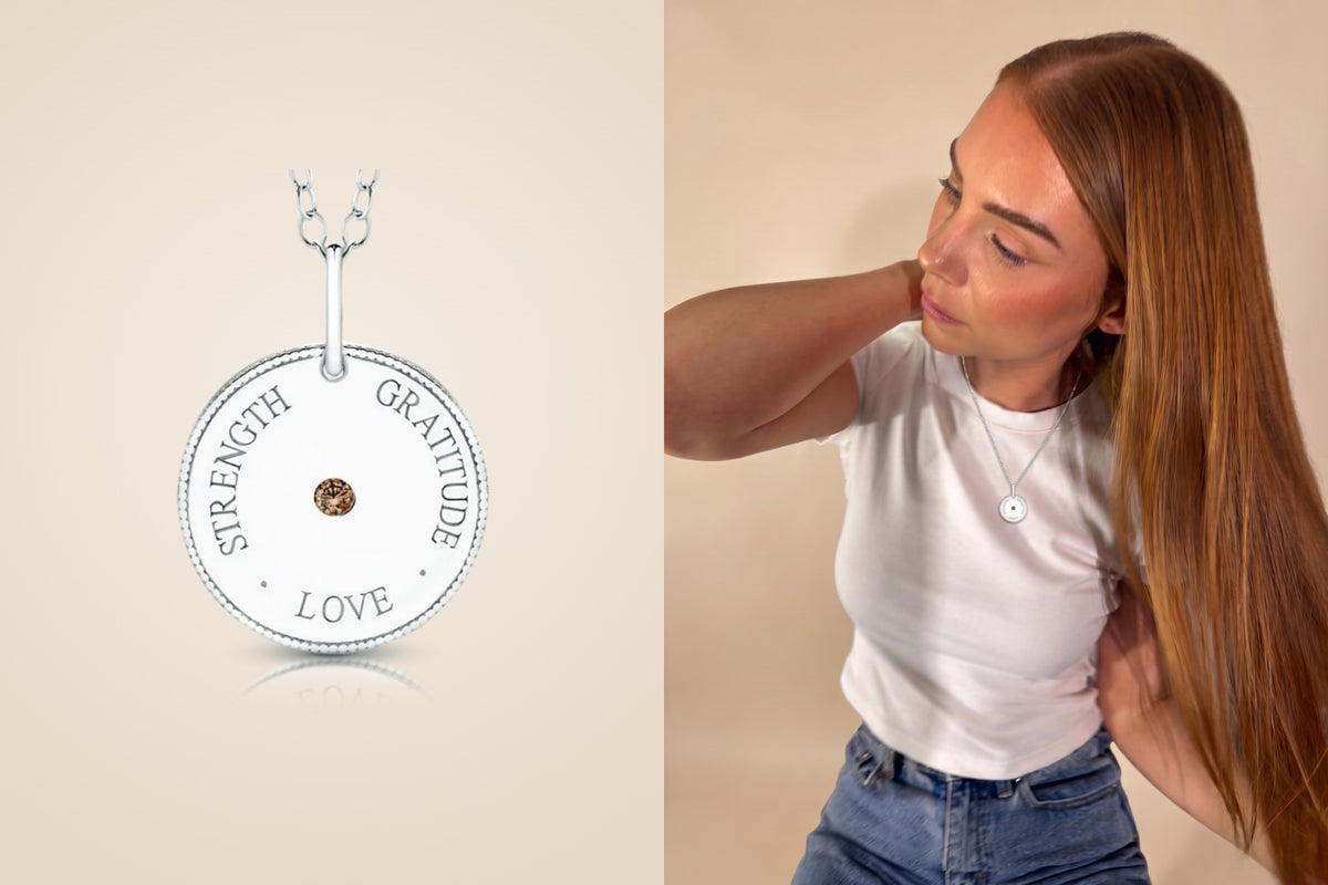 Love · Gratitude · Strength Meaning Pendant in sterling silver, shown beside the model wearing it